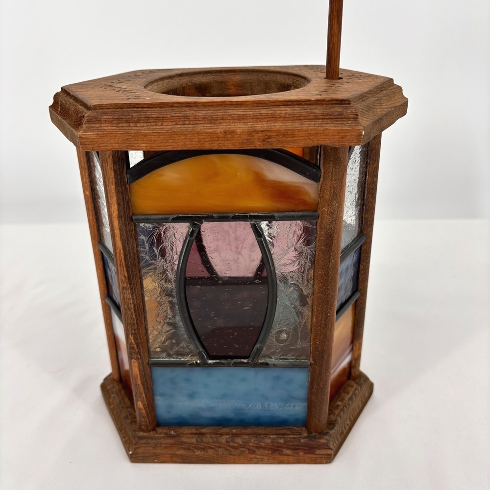 Vintage Stained Glass and Wood Hexagonal Lantern Decorative Tabletop Accent